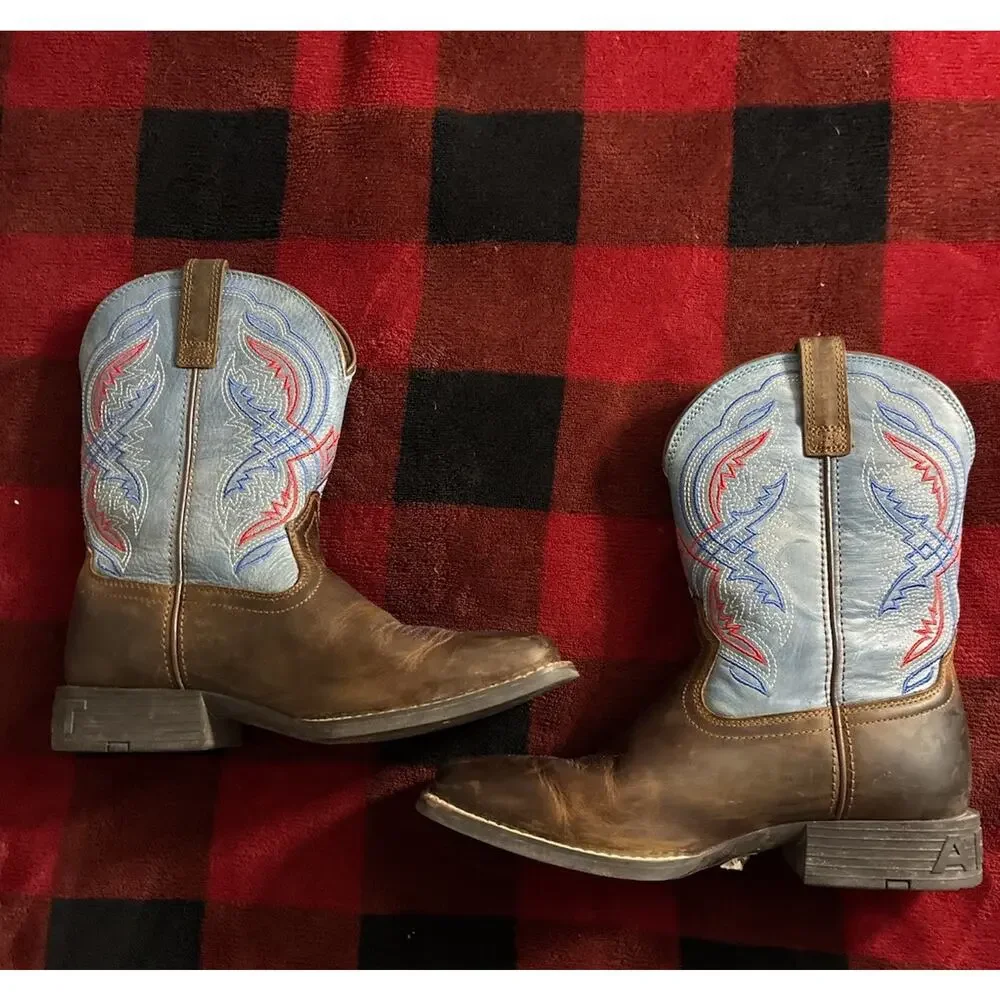 Ariat Kids Double Kicker Western Boots blue red size 4 square toe leather